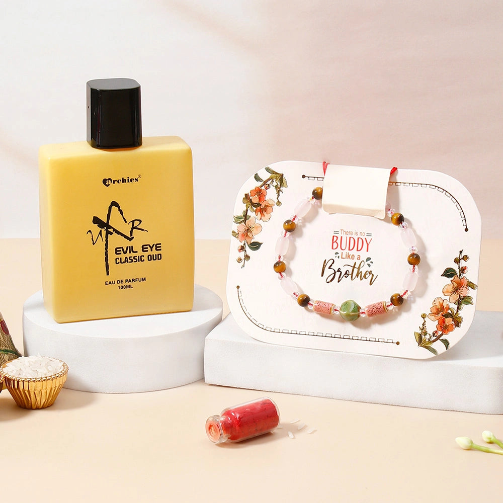 Tiger Eye Bracelet Rakhi & UXR Classic Oud Perfume - Rakhi Gift Set for Brother 