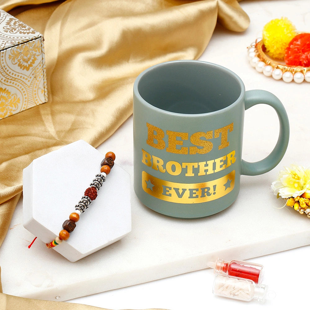 Premium Rudraksha Rakhi for Brother with Mug - Rustic Rudraksha Rakhi Gift Set