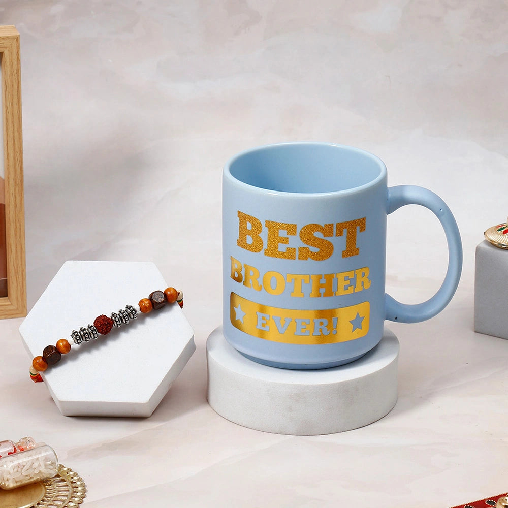 Oxidised Rudraksha Rakhi for Brother with Mug - Raksha Bandhan Gift Set