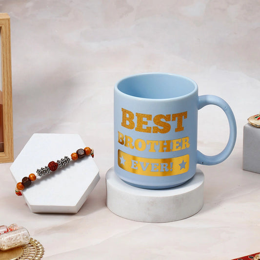 Oxidised Rudraksha Rakhi for Brother with Mug - Raksha Bandhan Gift Set