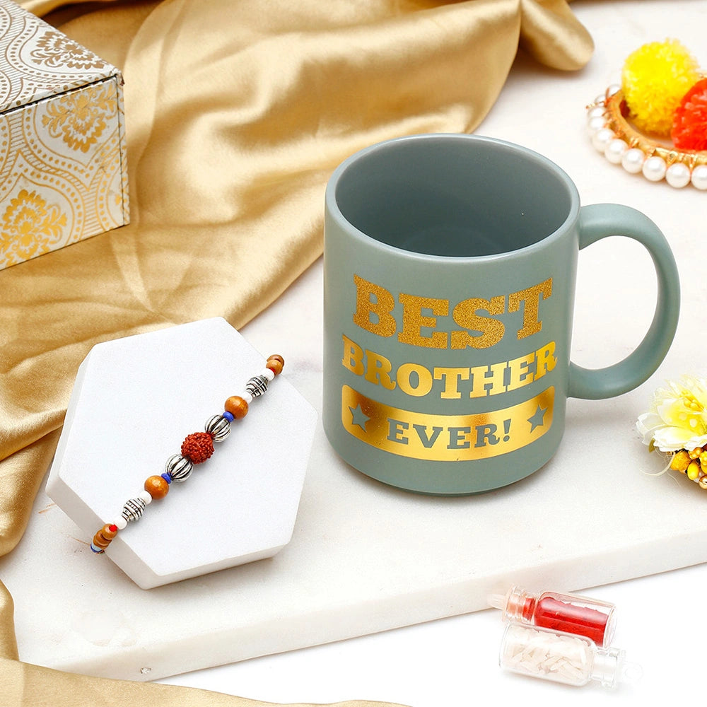 Blue Bead Rudraksha Rakhi Gift Set for Brother with Mug