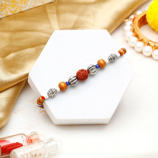 Blue Bead Rudraksha Rakhi Gift Set for Brother with Mug