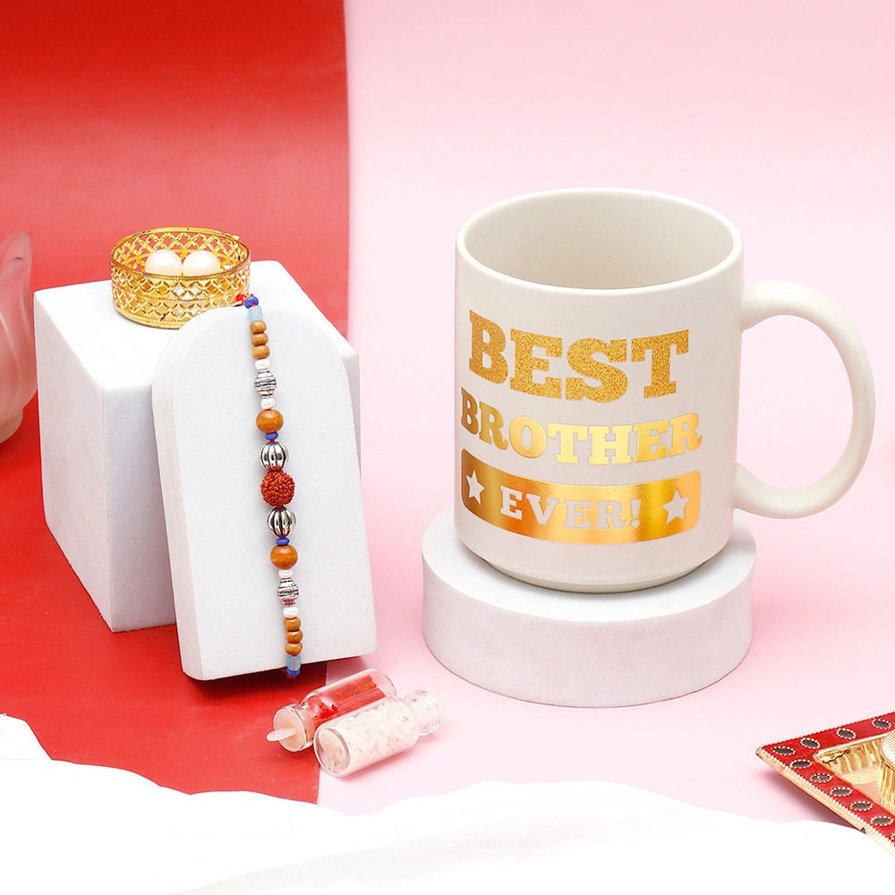 Silver Bead Rudraksha Rakhi for Brother with Best Brother Ever Mug