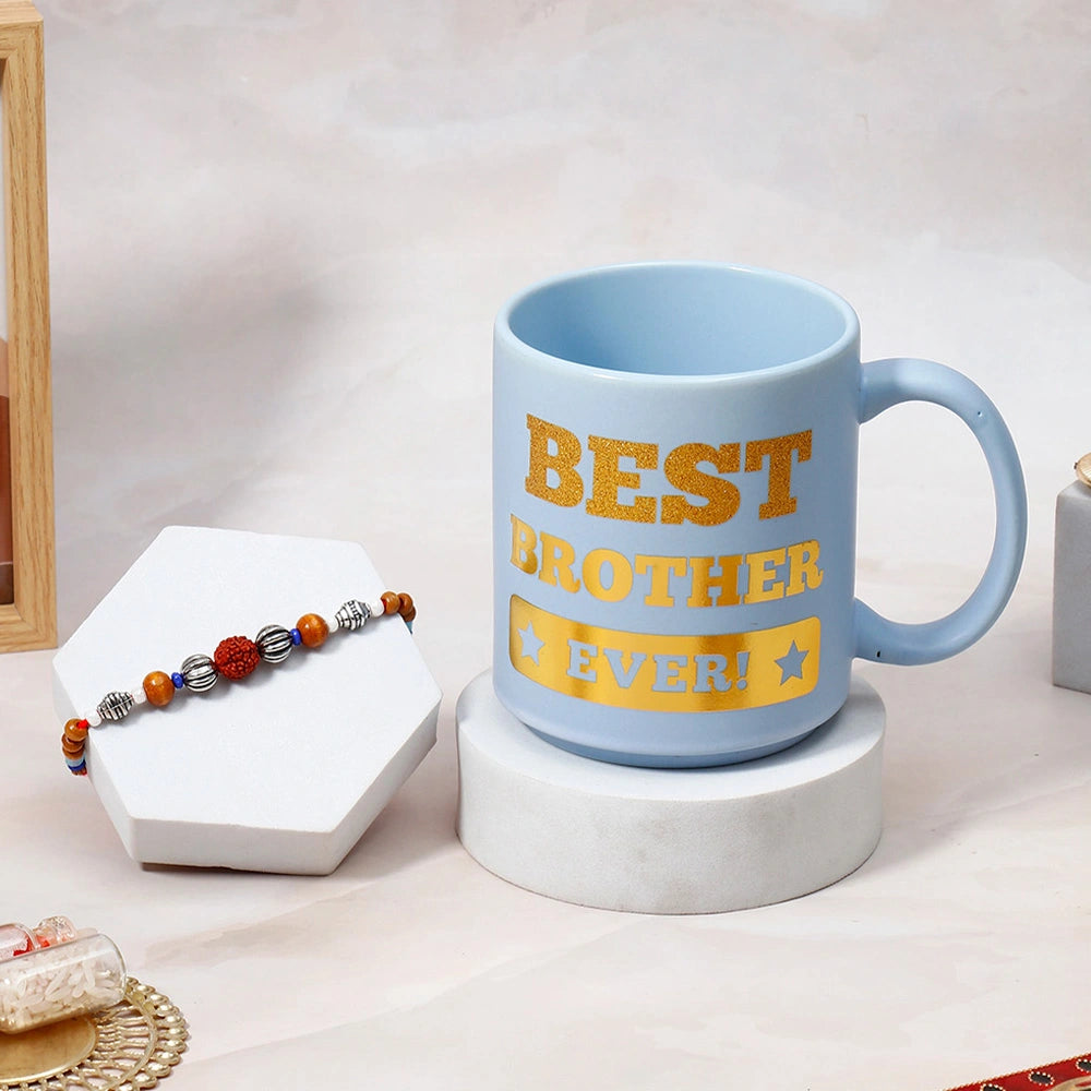 Rustic Silver Rudraksha Rakhi Gift Combo for Brother with Mug