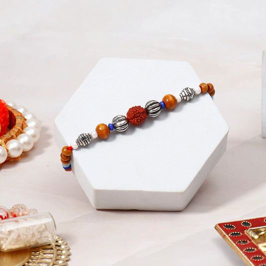 Rustic Silver Rudraksha Rakhi Gift Combo for Brother with Mug