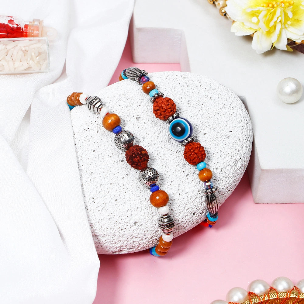 Wooden Rudraksha & Evil Eye Charm Rakhi Set