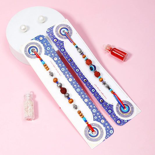 Wooden Rudraksha & Evil Eye Charm Rakhi Set