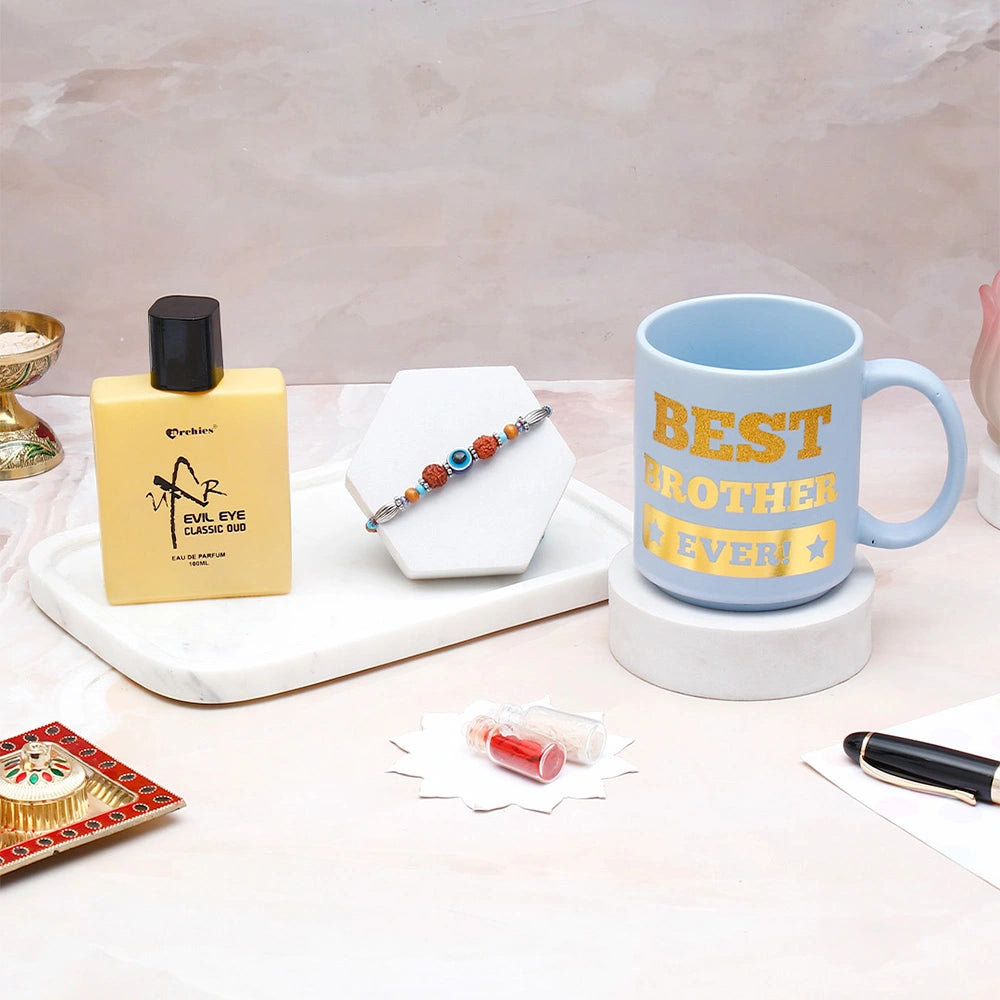 Rudraksha Evil Eye Beaded Rakhi & UXR Royal Life Perfume Mug Set