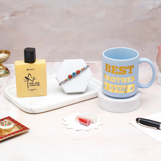 Rudraksha Evil Eye Beaded Rakhi & UXR Royal Life Perfume Mug Set