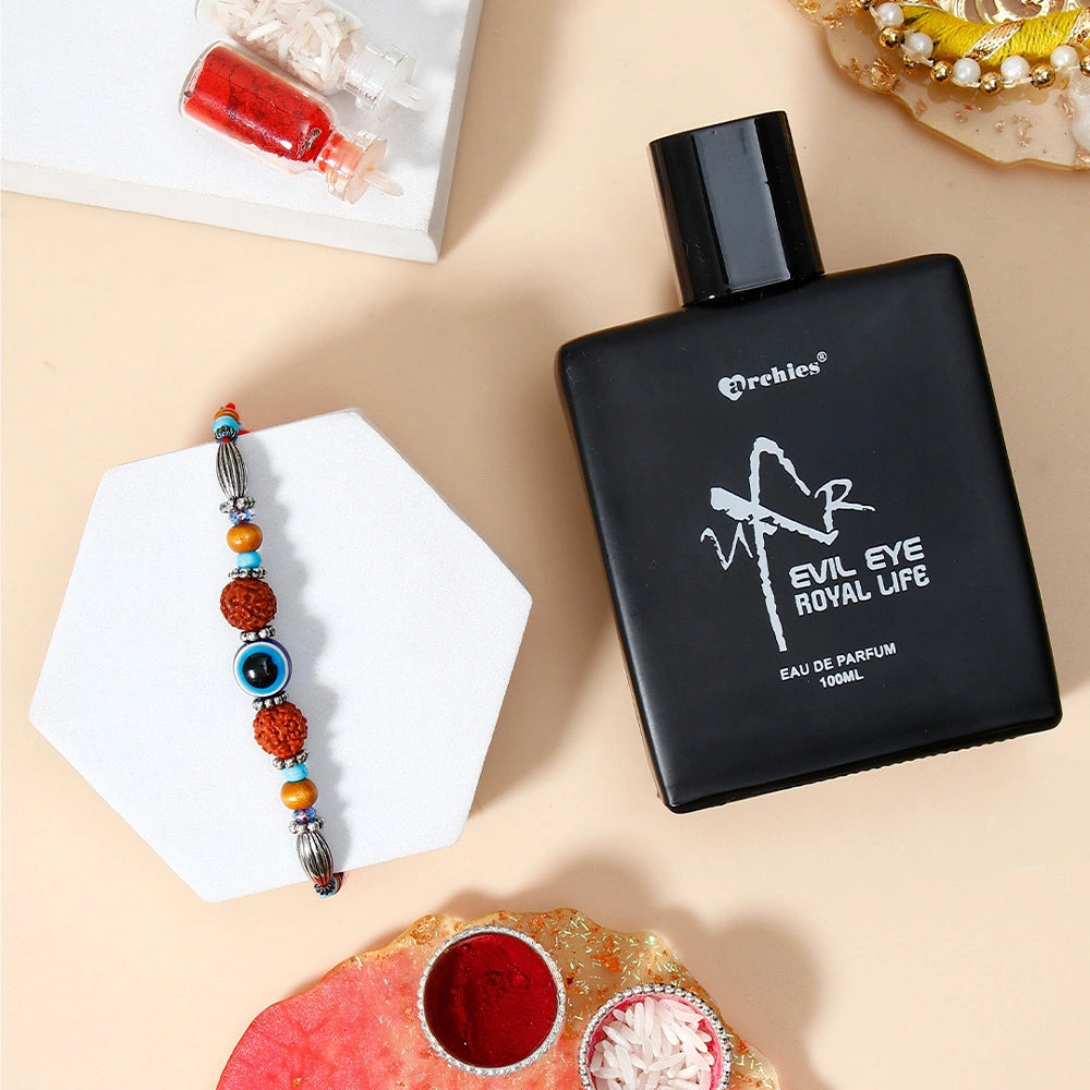 Evil Eye Rudraksha Rakhi for Brother with Perfume - UXR Royal Life Rakhi Gift Set