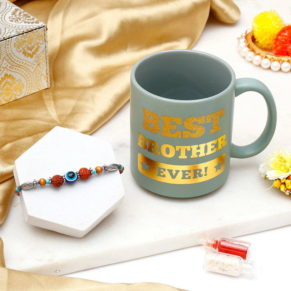 Evil Eye Rudraksha Rakhi for Brother with Best Brother Ever Mug - Rakhi Gift Set
