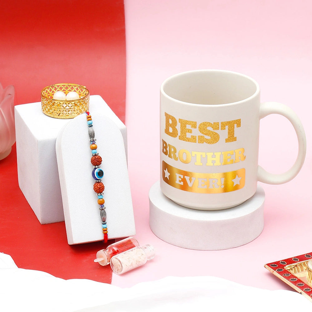 Evil Eye Bead Rudraksha Rakhi Gift Set for Brother with Mug