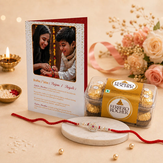 Brother Personalized Card with Rakhi and Ferrero Rocher Chocolate