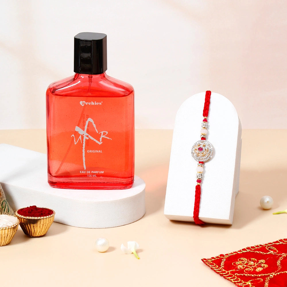 Rakhi Gift Set for Brother - Ruby Mandala Charm Rakhi & UXR Original Perfume