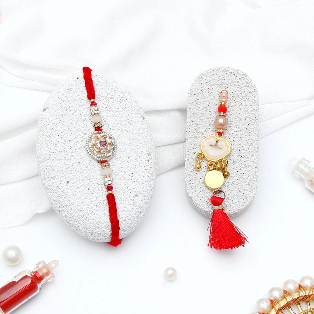 Crimson Medallion & Golden Heart Tassel Rakhi Set