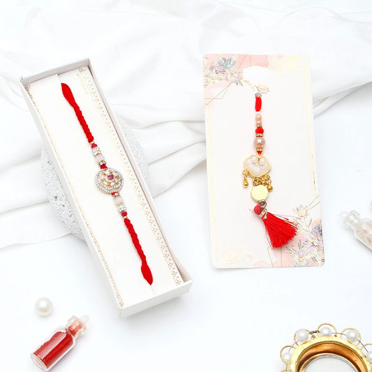 Crimson Medallion & Golden Heart Tassel Rakhi Set