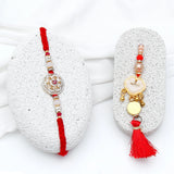 Crimson Medallion & Golden Heart Tassel Rakhi Set