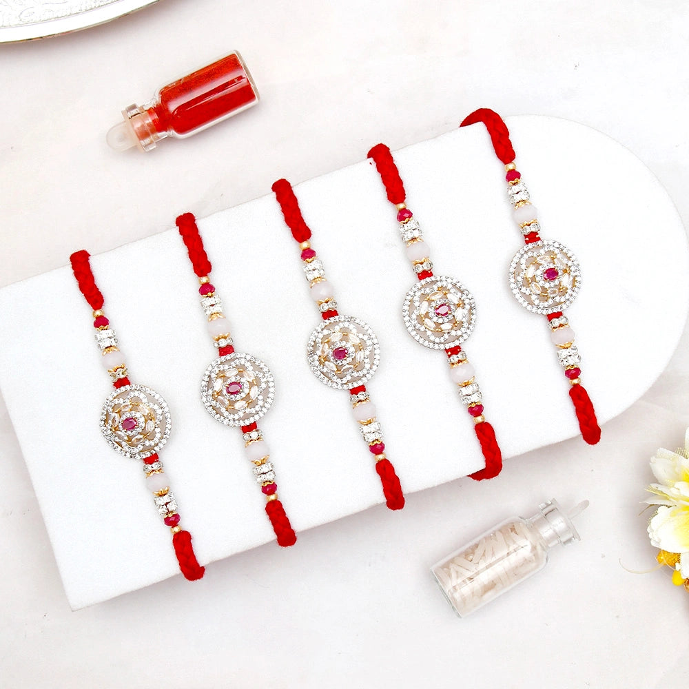 Pack Of 5 Royal Ruby Stone Rakhi
