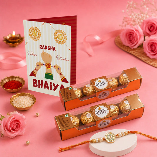 Raksha Bandhan Personalized Card with Rakhi and 2 Ferrero Rocher