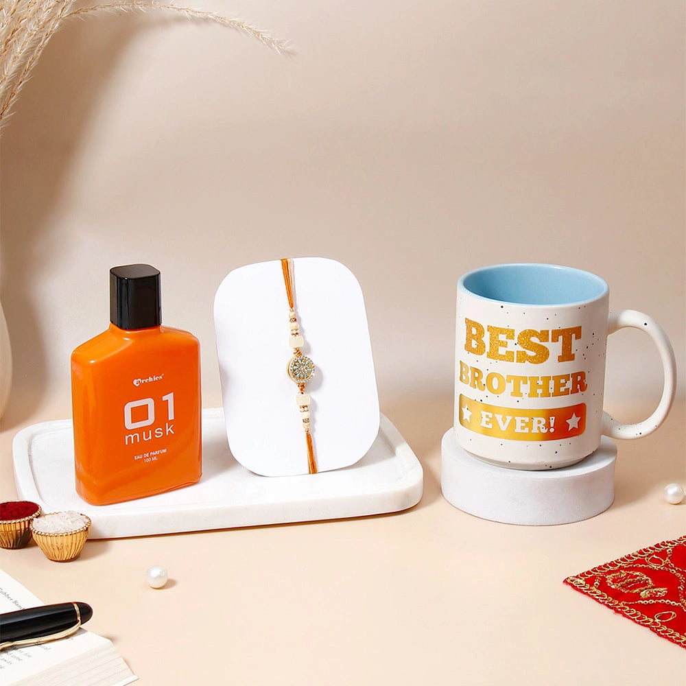 Floral Mandala Charm Rakhi & Archies 01 Musk Perfume Mug Set