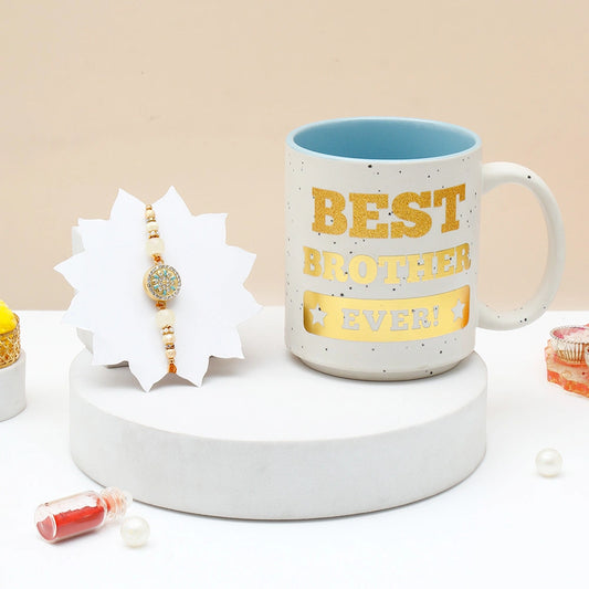 Rakhi Gift Set for Brother with Mug - Turquoise Medallion Designer Rakhi