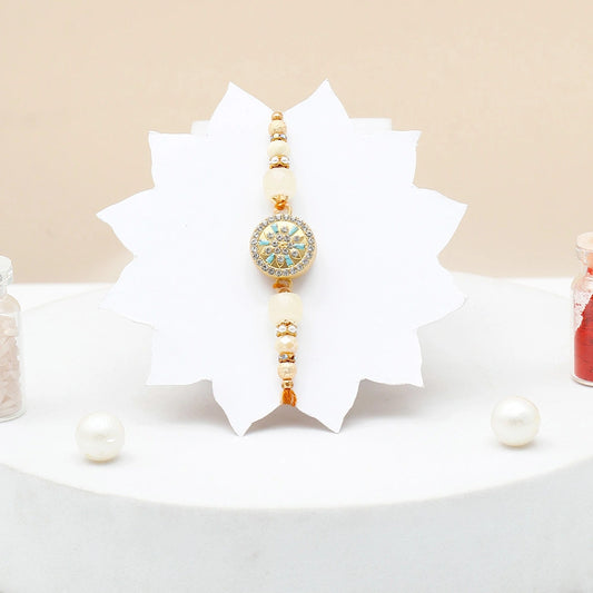 Rakhi Gift Set for Brother with Mug - Turquoise Medallion Designer Rakhi