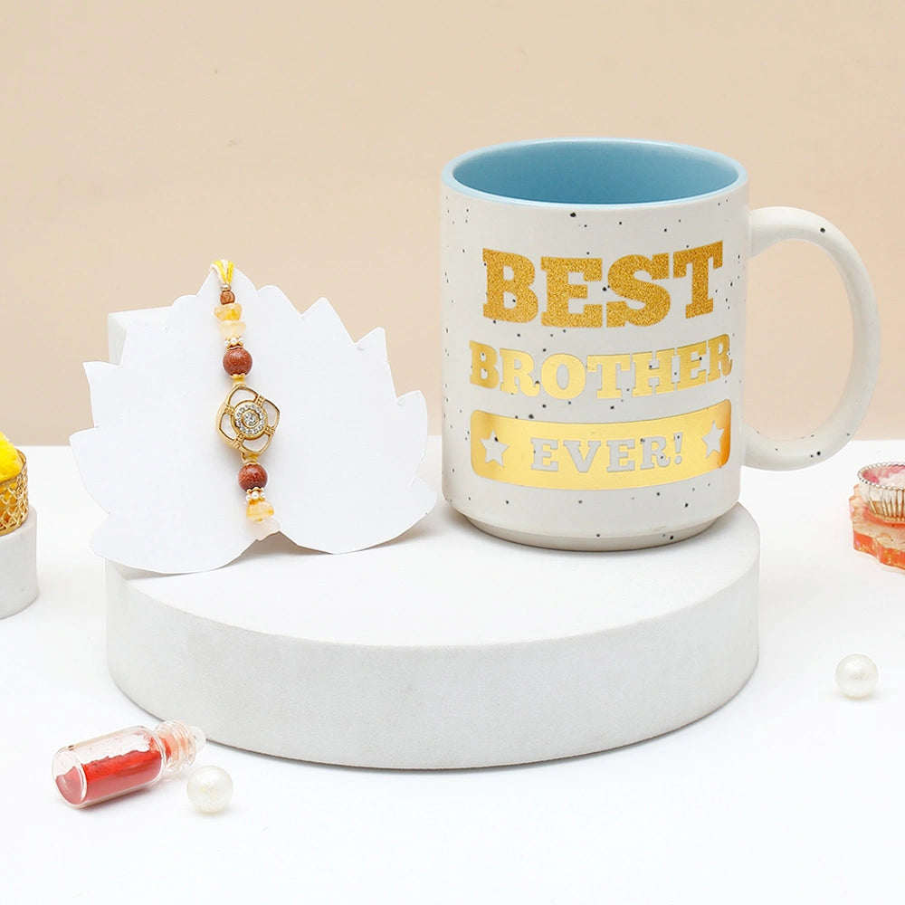 Spinning Rakhi for Brother with Best Brother Ever Mug - Golden Rakhi Gift Set