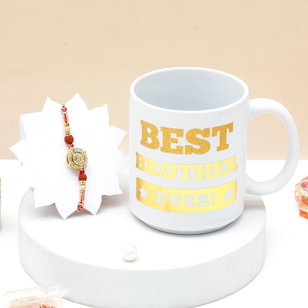 Rhinestone Rakhi Gift Set for Brother with Mug - Golden Medallion Rakhi