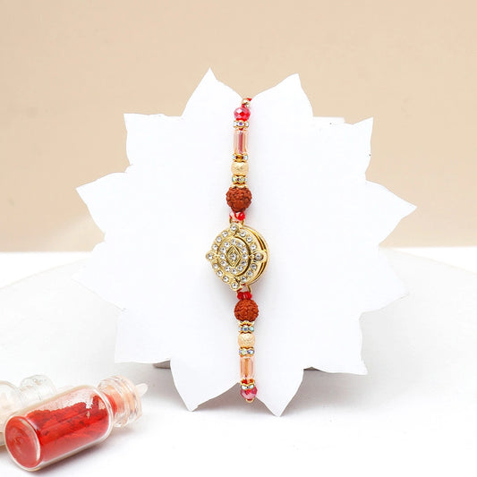 Rhinestone Rakhi Gift Set for Brother with Mug - Golden Medallion Rakhi