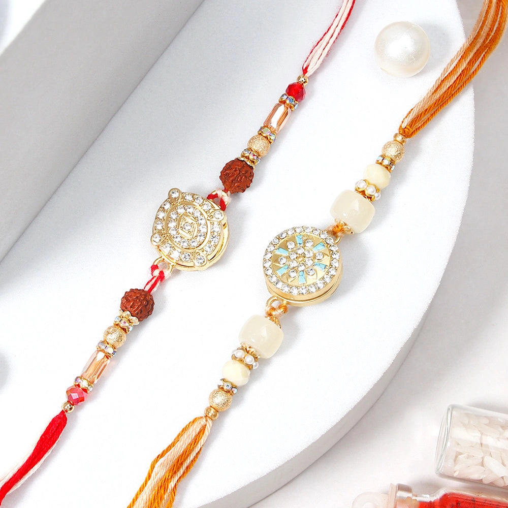 Golden Rudraksha Medallion Tassel Rakhi Set