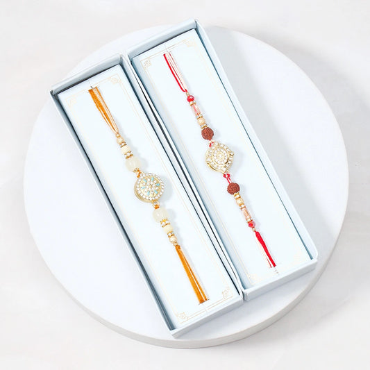 Golden Rudraksha Medallion Tassel Rakhi Set