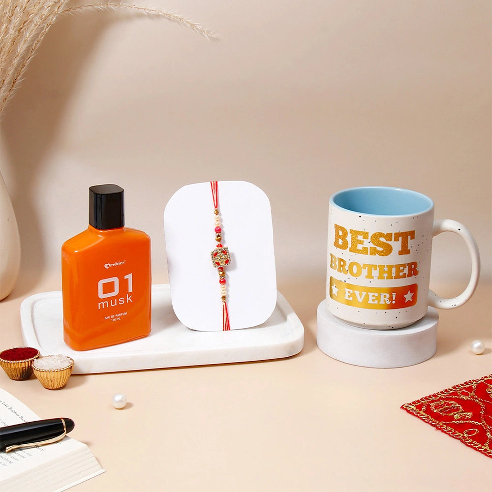 Red Enamel Charm Rakhi & Archies 01 Musk Perfume Mug Set