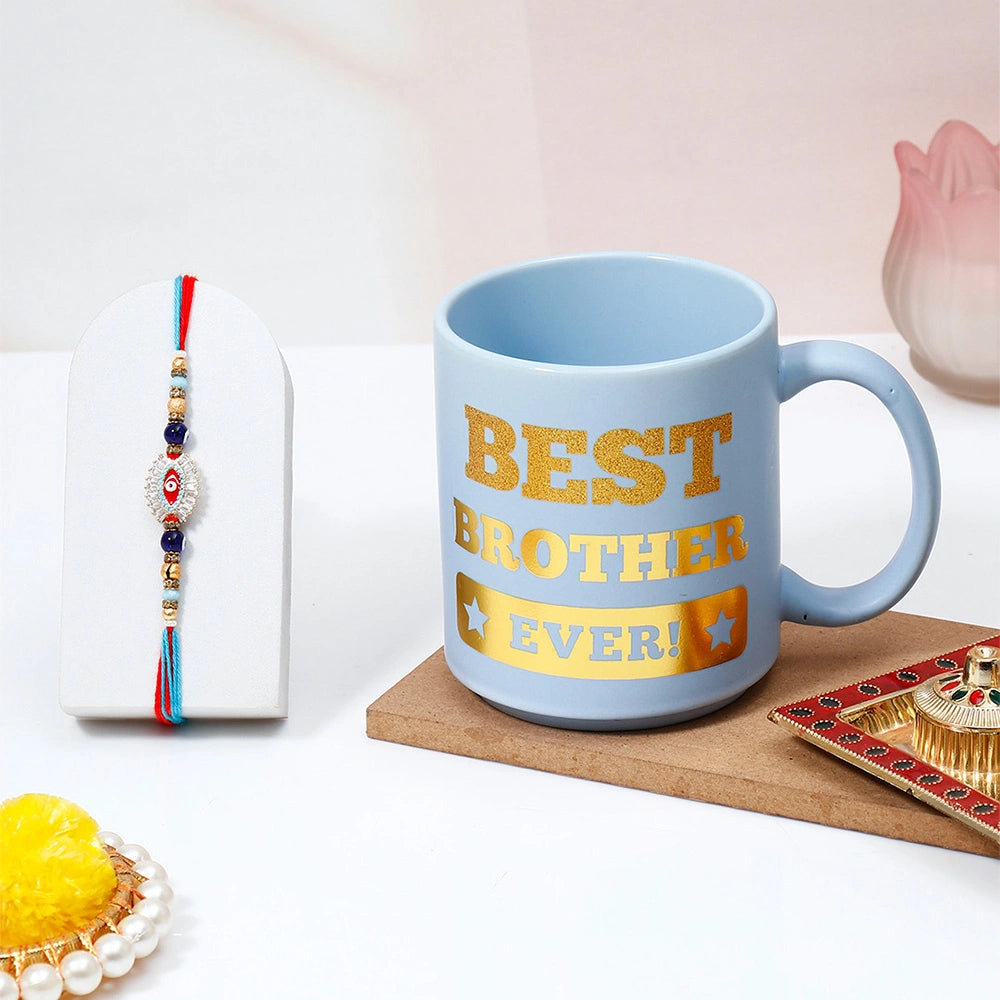 Double Ring Evil Eye Rakhi Gift Set for Brother with Mug