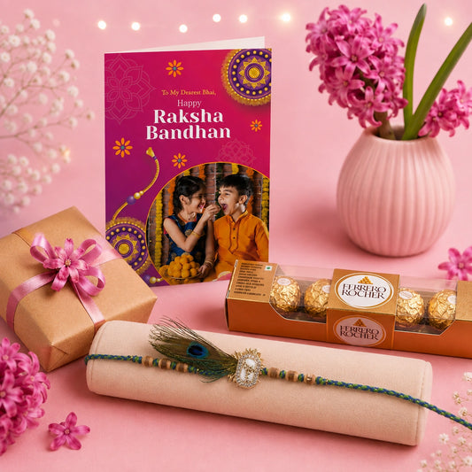 Personalized Rakhi Card with Peacock Feather Rakhi and Ferrero Rocher