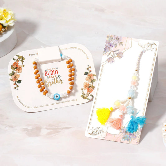 Wooden Evil Eye & Pastel Tri-Tassel Rakhi Set