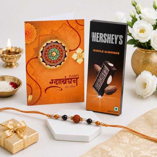 Personalized Rakhi Card with Rudraksha Rakhi and Hershey's Almond