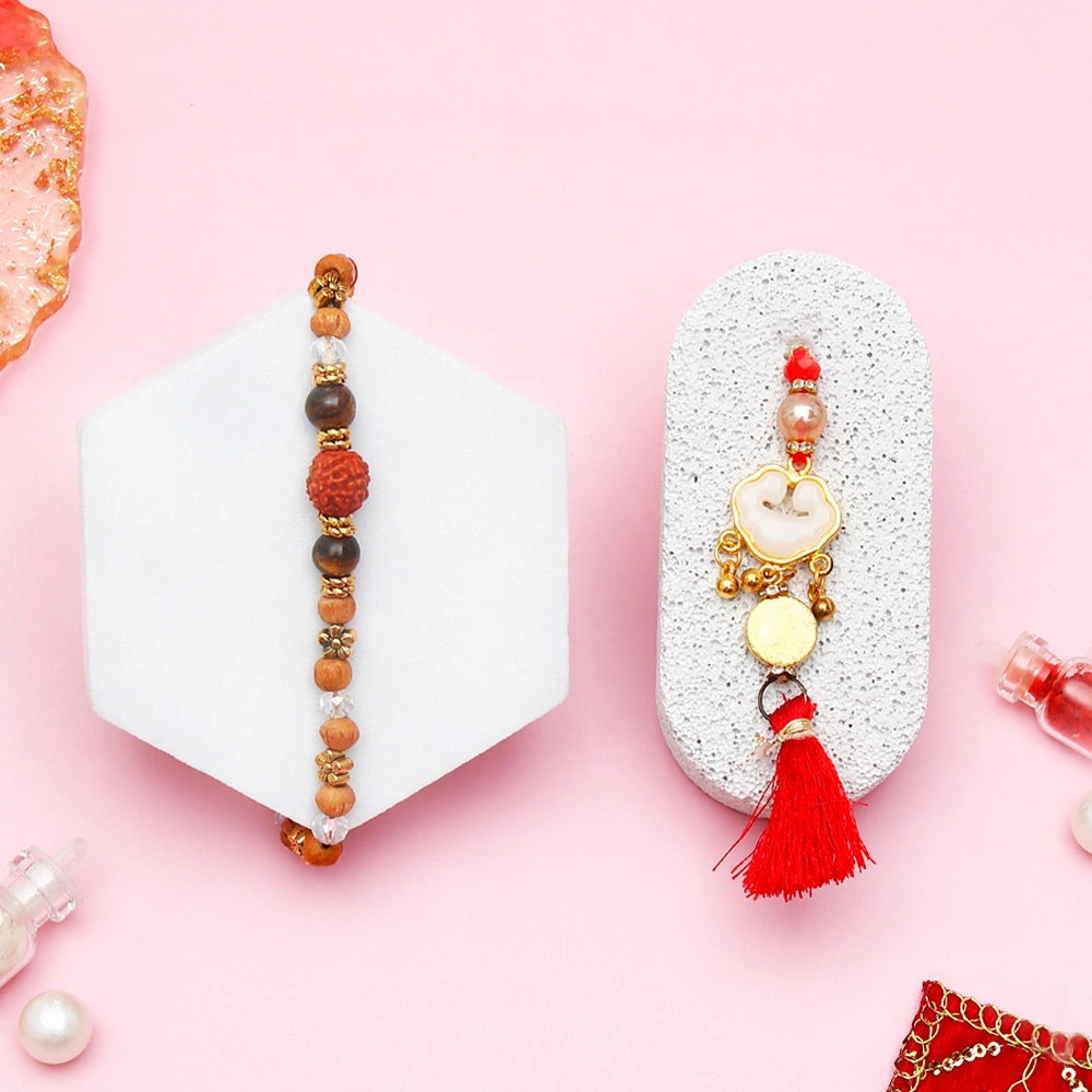 Rudraksha Tiger Eye & Golden Charm Tassel Rakhi Set