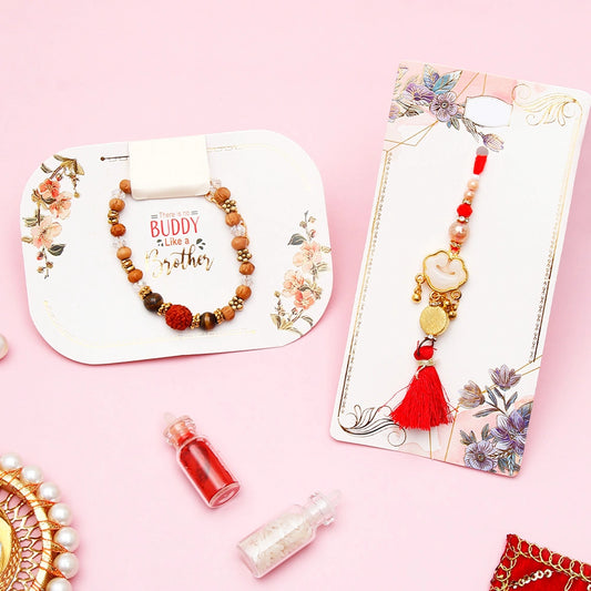 Rudraksha Tiger Eye & Golden Charm Tassel Rakhi Set