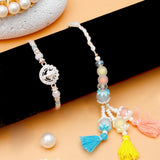 Silver Medallion & Pastel Floral Tassel Rakhi Set
