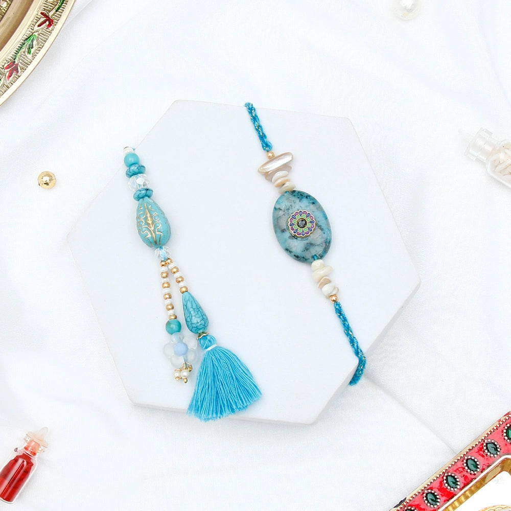 Twin Turquoise Stone Tassel Rakhi Set