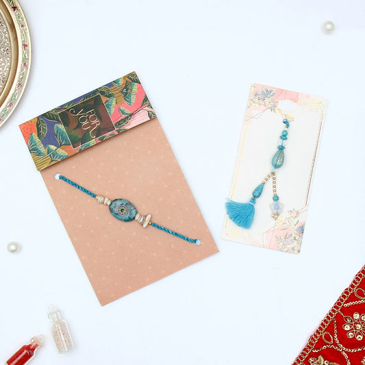 Twin Turquoise Stone Tassel Rakhi Set