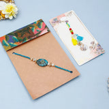 Teal Stone Medallion & Shell Tassel Rakhi Set