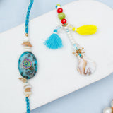 Teal Stone Medallion & Shell Tassel Rakhi Set