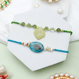 Leaf & Teal Stone Medallion Rakhi Set