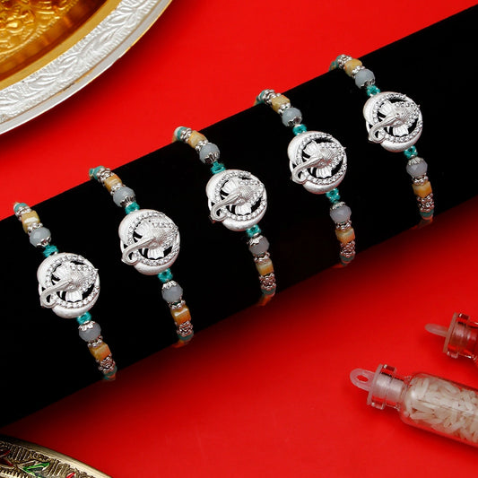Pack Of 5 Silver Ganesha Mint Rakhi