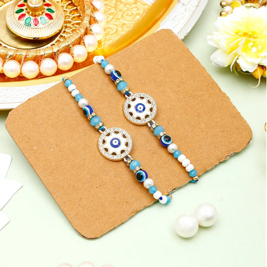 Pack Of 2 Rhinestones Golden Blue Evil Eye Rakhi
