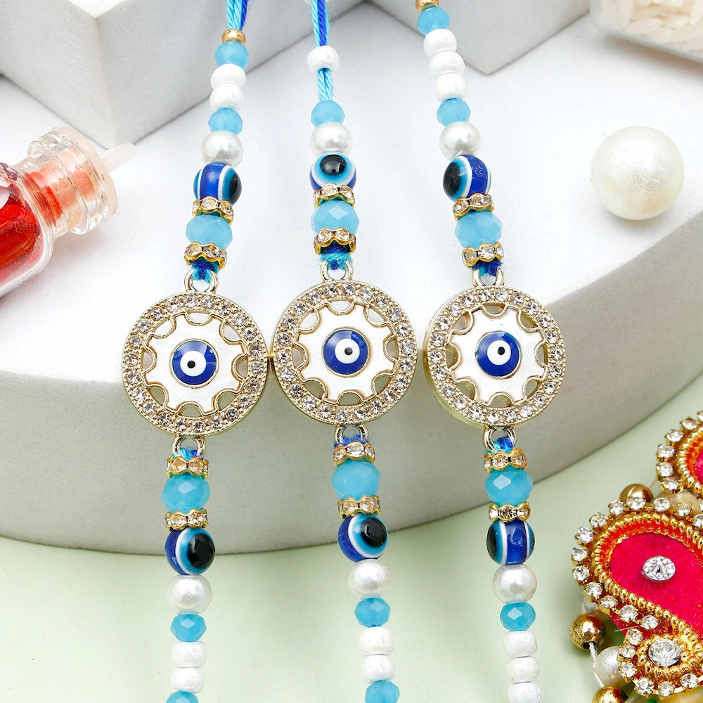 Pack Of 3 Rhinestones Golden Blue Evil Eye Rakhi