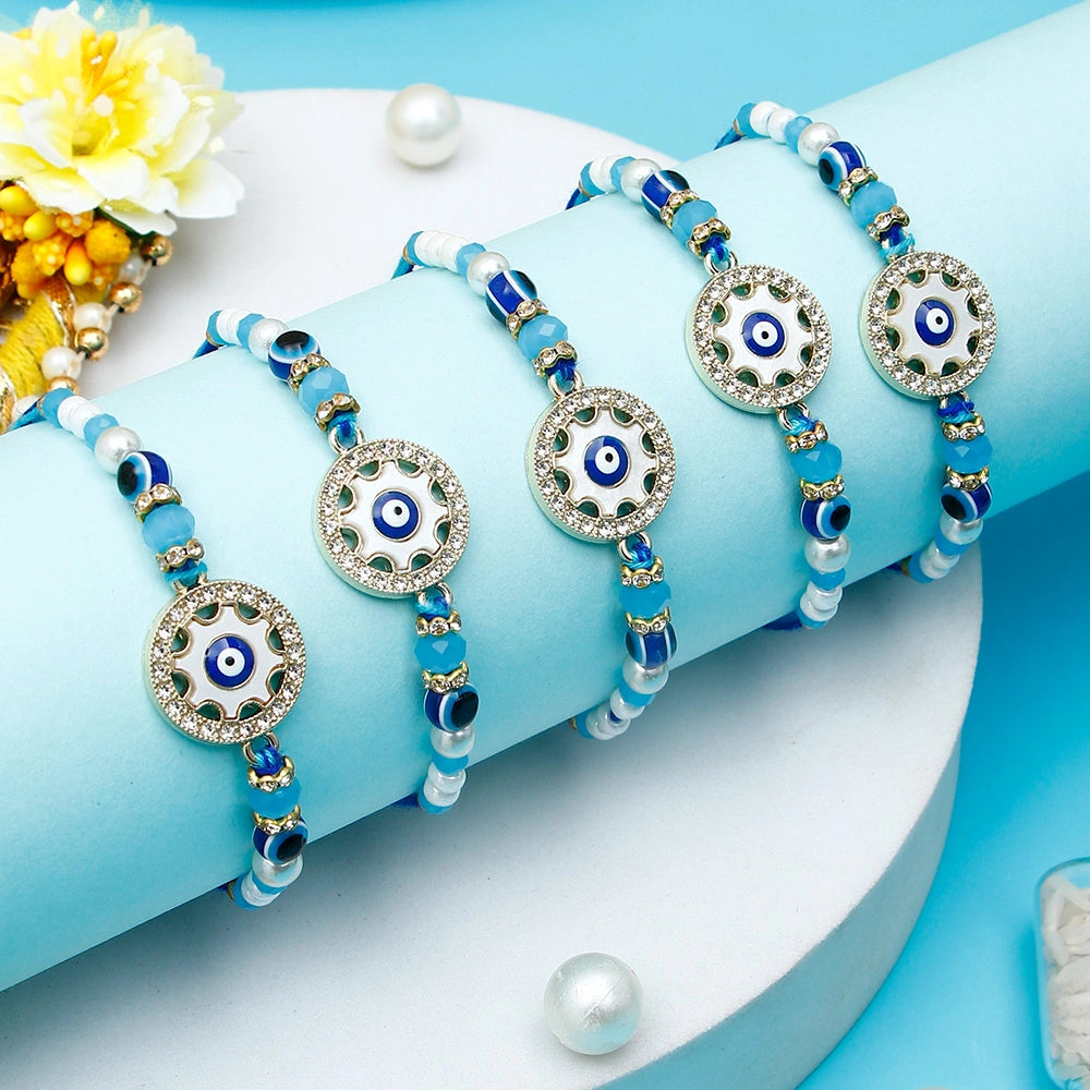 Pack Of 5 Rhinestones Golden Blue Evil Eye Rakhi