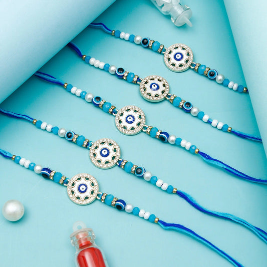 Pack Of 5 Rhinestones Golden Blue Evil Eye Rakhi