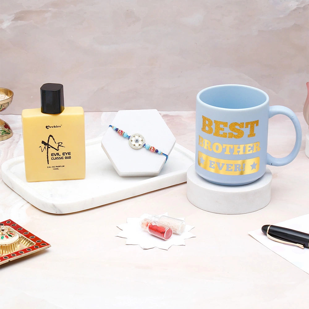 Crystal Flower Evil Eye Rakhi & UXR Royal Life Perfume Mug Set